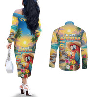 Hawaii Parrot Couples Matching Off The Shoulder Long Sleeve Dress and Long Sleeve Button Shirt Im Not Waiting Till 5 Oclock
