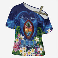 Guam Liberation Day Cross Shoulder Shirt Pas Para I Chamoru LT05 Female Navy - Polynesian Pride