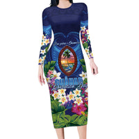 Guam Liberation Day Long Sleeve Bodycon Dress Pas Para I Chamoru LT05 Long Dress Navy - Polynesian Pride