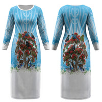 New Zealand Birds Christmas Couples Matching Long Sleeve Bodycon Dress and Hawaiian Shirt Pohutukawa Xmas Tree LT05 - Polynesian Pride