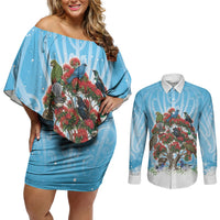 New Zealand Birds Christmas Couples Matching Off Shoulder Short Dress and Long Sleeve Button Shirt Pohutukawa Xmas Tree LT05 Blue - Polynesian Pride