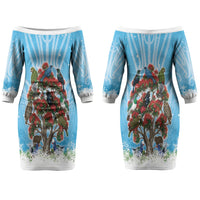 New Zealand Birds Christmas Couples Matching Off The Shoulder Long Sleeve Dress and Long Sleeve Button Shirt Pohutukawa Xmas Tree LT05 - Polynesian Pride