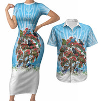 New Zealand Birds Christmas Couples Matching Short Sleeve Bodycon Dress and Hawaiian Shirt Pohutukawa Xmas Tree LT05 Blue - Polynesian Pride