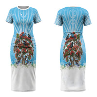 New Zealand Birds Christmas Couples Matching Short Sleeve Bodycon Dress and Hawaiian Shirt Pohutukawa Xmas Tree LT05 - Polynesian Pride