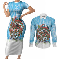 New Zealand Birds Christmas Couples Matching Short Sleeve Bodycon Dress and Long Sleeve Button Shirt Pohutukawa Xmas Tree LT05 Blue - Polynesian Pride