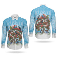 New Zealand Birds Christmas Couples Matching Short Sleeve Bodycon Dress and Long Sleeve Button Shirt Pohutukawa Xmas Tree LT05 - Polynesian Pride