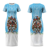 New Zealand Birds Christmas Couples Matching Short Sleeve Bodycon Dress and Long Sleeve Button Shirt Pohutukawa Xmas Tree LT05 - Polynesian Pride
