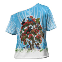 New Zealand Birds Christmas Cross Shoulder Shirt Pohutukawa Xmas Tree LT05 - Polynesian Pride