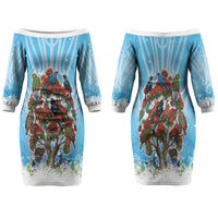 New Zealand Birds Christmas Family Matching Off The Shoulder Long Sleeve Dress and Hawaiian Shirt Pohutukawa Xmas Tree LT05 Mom's Dress Blue - Polynesian Pride