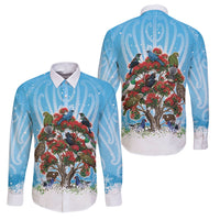 New Zealand Birds Christmas Family Matching Off The Shoulder Long Sleeve Dress and Hawaiian Shirt Pohutukawa Xmas Tree LT05 Dad's Shirt - Long Sleeve Blue - Polynesian Pride