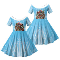 New Zealand Birds Christmas Family Matching Off The Shoulder Long Sleeve Dress and Hawaiian Shirt Pohutukawa Xmas Tree LT05 Daughter's Dress Blue - Polynesian Pride