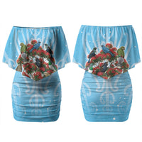New Zealand Birds Christmas Family Matching Off Shoulder Short Dress and Hawaiian Shirt Pohutukawa Xmas Tree LT05 Mom's Dress Blue - Polynesian Pride