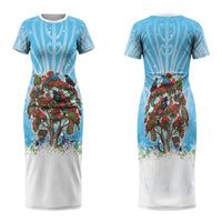 New Zealand Birds Christmas Family Matching Short Sleeve Bodycon Dress and Hawaiian Shirt Pohutukawa Xmas Tree LT05 Mom's Dress Blue - Polynesian Pride