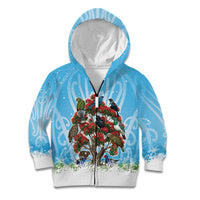 New Zealand Birds Christmas Kid Hoodie Pohutukawa Xmas Tree LT05 Zip Hoodie Blue - Polynesian Pride