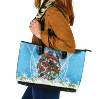 New Zealand Birds Christmas Leather Tote Bag Pohutukawa Xmas Tree LT05 Blue - Polynesian Pride