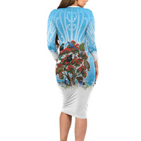 New Zealand Birds Christmas Long Sleeve Bodycon Dress Pohutukawa Xmas Tree LT05 - Polynesian Pride