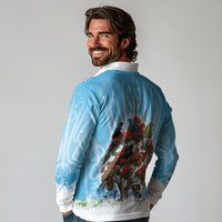 New Zealand Birds Christmas Long Sleeve Polo Shirt Pohutukawa Xmas Tree LT05 - Polynesian Pride