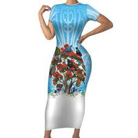 New Zealand Birds Christmas Short Sleeve Bodycon Dress Pohutukawa Xmas Tree LT05 Long Dress Blue - Polynesian Pride