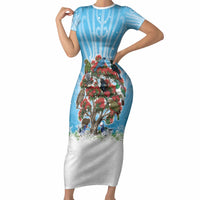 New Zealand Birds Christmas Short Sleeve Bodycon Dress Pohutukawa Xmas Tree LT05 Long Dress Blue - Polynesian Pride