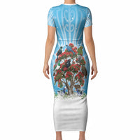 New Zealand Birds Christmas Short Sleeve Bodycon Dress Pohutukawa Xmas Tree LT05 - Polynesian Pride