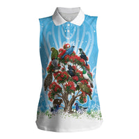 New Zealand Birds Christmas Women Sleeveless Polo Shirt Pohutukawa Xmas Tree LT05 Female Blue - Polynesian Pride