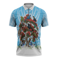 New Zealand Birds Christmas Zipper Polo Shirt Pohutukawa Xmas Tree LT05 Blue - Polynesian Pride