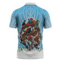 New Zealand Birds Christmas Zipper Polo Shirt Pohutukawa Xmas Tree LT05 - Polynesian Pride