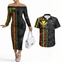Hawaii Lei Kanaka Maoli Flag Couples Matching Off The Shoulder Long Sleeve Dress and Hawaiian Shirt Tropical Vibes LT05 Black - Polynesian Pride