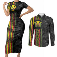 Hawaii Lei Kanaka Maoli Flag Couples Matching Short Sleeve Bodycon Dress and Long Sleeve Button Shirt Tropical Vibes LT05 Black - Polynesian Pride