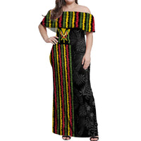 Hawaii Lei Kanaka Maoli Flag Off Shoulder Maxi Dress Tropical Vibes LT05 Women Black - Polynesian Pride