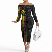 Hawaii Lei Kanaka Maoli Flag Off The Shoulder Long Sleeve Dress Tropical Vibes LT05 Women Black - Polynesian Pride