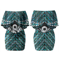 New Zealand Maori Family Matching Off Shoulder Short Dress and Hawaiian Shirt Poutama Pikorua - Single Twist Paua Shell LT05 Mom's Dress Turquoise - Polynesian Pride