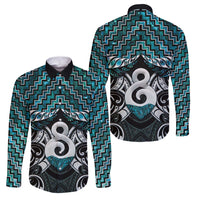 New Zealand Maori Family Matching Off Shoulder Short Dress and Hawaiian Shirt Poutama Pikorua - Single Twist Paua Shell LT05 Dad's Shirt - Long Sleeve Turquoise - Polynesian Pride