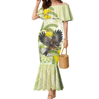 New Zealand Piwakawaka Fantail Bird Family Matching Mermaid Dress and Hawaiian Shirt With Kowhai Flowers
