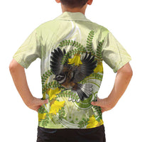 New Zealand Piwakawaka Fantail Bird Family Matching Summer Maxi Dress and Hawaiian Shirt With Kowhai Flowers
