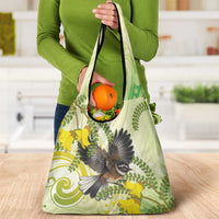 New Zealand Piwakawaka Fantail Bird Grocery Bag With Kowhai Flowers