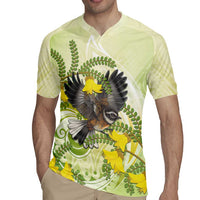 New Zealand Piwakawaka Fantail Bird Rugby Jersey With Kowhai Flowers