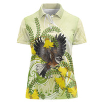 New Zealand Piwakawaka Fantail Bird Women Polo Shirt With Kowhai Flowers