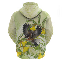 New Zealand Piwakawaka Fantail Bird Zip Hoodie With Kowhai Flowers