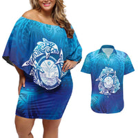 Marshall Islands Manit Day Couples Matching Off Shoulder Short Dress and Hawaiian Shirt Tribal Dolphin With Marshall Seal - Polynesian Pride
