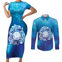Marshall Islands Manit Day Couples Matching Short Sleeve Bodycon Dress and Long Sleeve Button Shirt Tribal Dolphin With Marshall Seal - Polynesian Pride