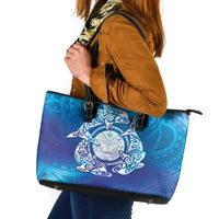 Marshall Islands Manit Day Leather Tote Bag Tribal Dolphin With Marshall Seal - Polynesian Pride
