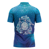 Marshall Islands Manit Day Zipper Polo Shirt Tribal Dolphin With Marshall Seal - Polynesian Pride