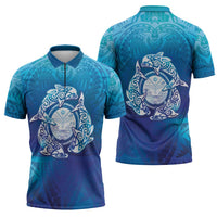 Marshall Islands Manit Day Zipper Polo Shirt Tribal Dolphin With Marshall Seal - Polynesian Pride