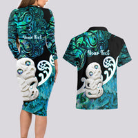 Personalized Aotearoa New Zealand Couples Matching Long Sleeve Bodycon Dress and Hawaiian Shirt Paua Shell Fern Koru With Maori Hei Tiki LT05 - Polynesian Pride