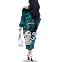 Personalized Aotearoa New Zealand Off The Shoulder Long Sleeve Dress Paua Shell Fern Koru With Maori Hei Tiki LT05 - Polynesian Pride