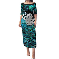 Personalized Aotearoa New Zealand Puletasi Paua Shell Fern Koru With Maori Hei Tiki LT05 Long Dress Green - Polynesian Pride