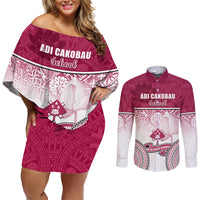 Personalized Adi Cakobau School Couples Matching Off Shoulder Short Dress and Long Sleeve Button Shirts With Fijian Tapa Pattern LT05 Pink - Polynesian Pride