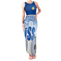 Personalized International School Suva Family Matching Tank Maxi Dress and Hawaiian Shirt With Fijian Tapa Pattern LT05 Mom's Dress Blue - Polynesian Pride