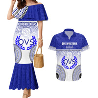 Personalized Queen Victoria School Couples Matching Mermaid Dress and Hawaiian Shirt With Fijian Tapa Pattern LT05 Blue - Polynesian Pride